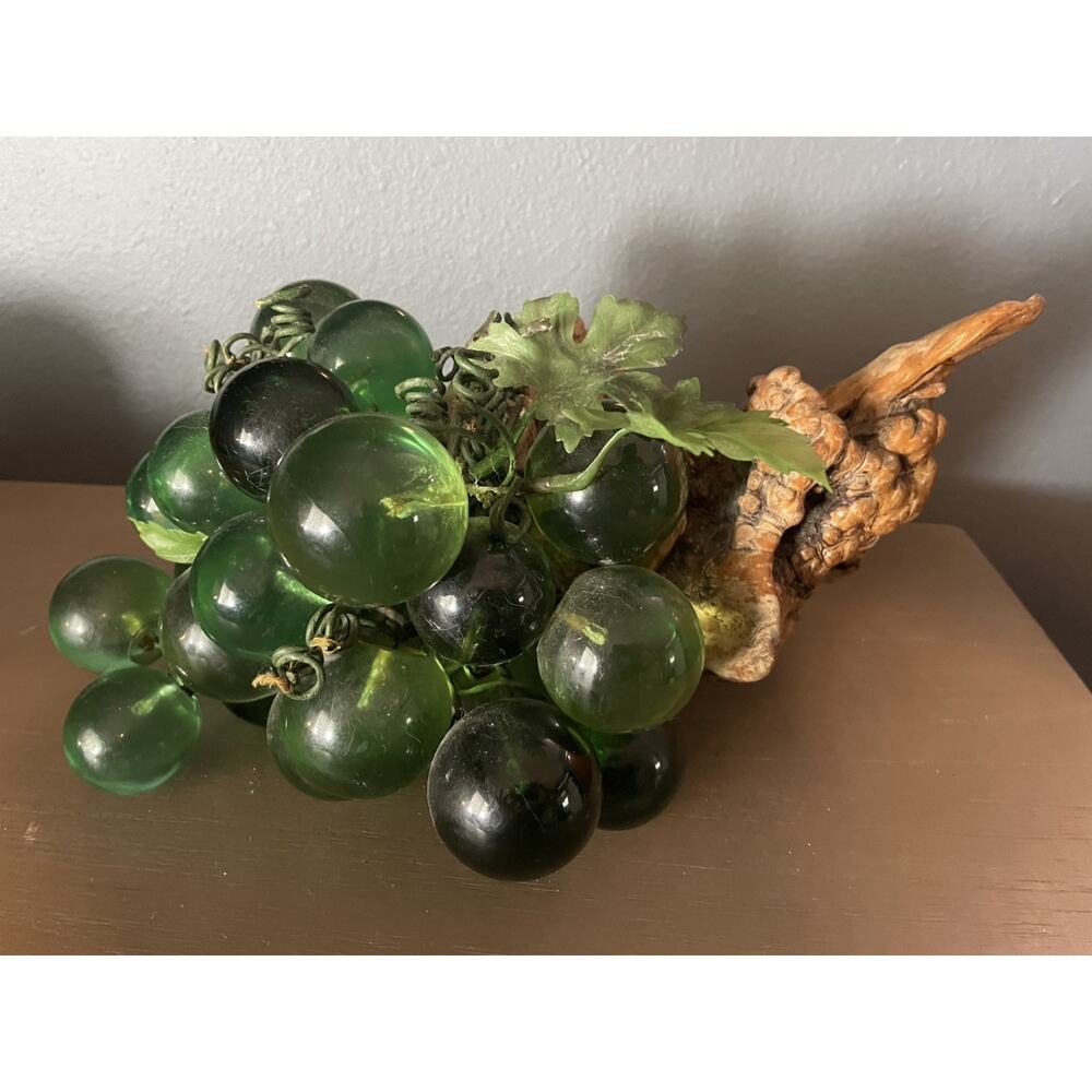 Vintage MCM Green Lucite Acrylic Grapes Driftwood Burl Sculpture Decor